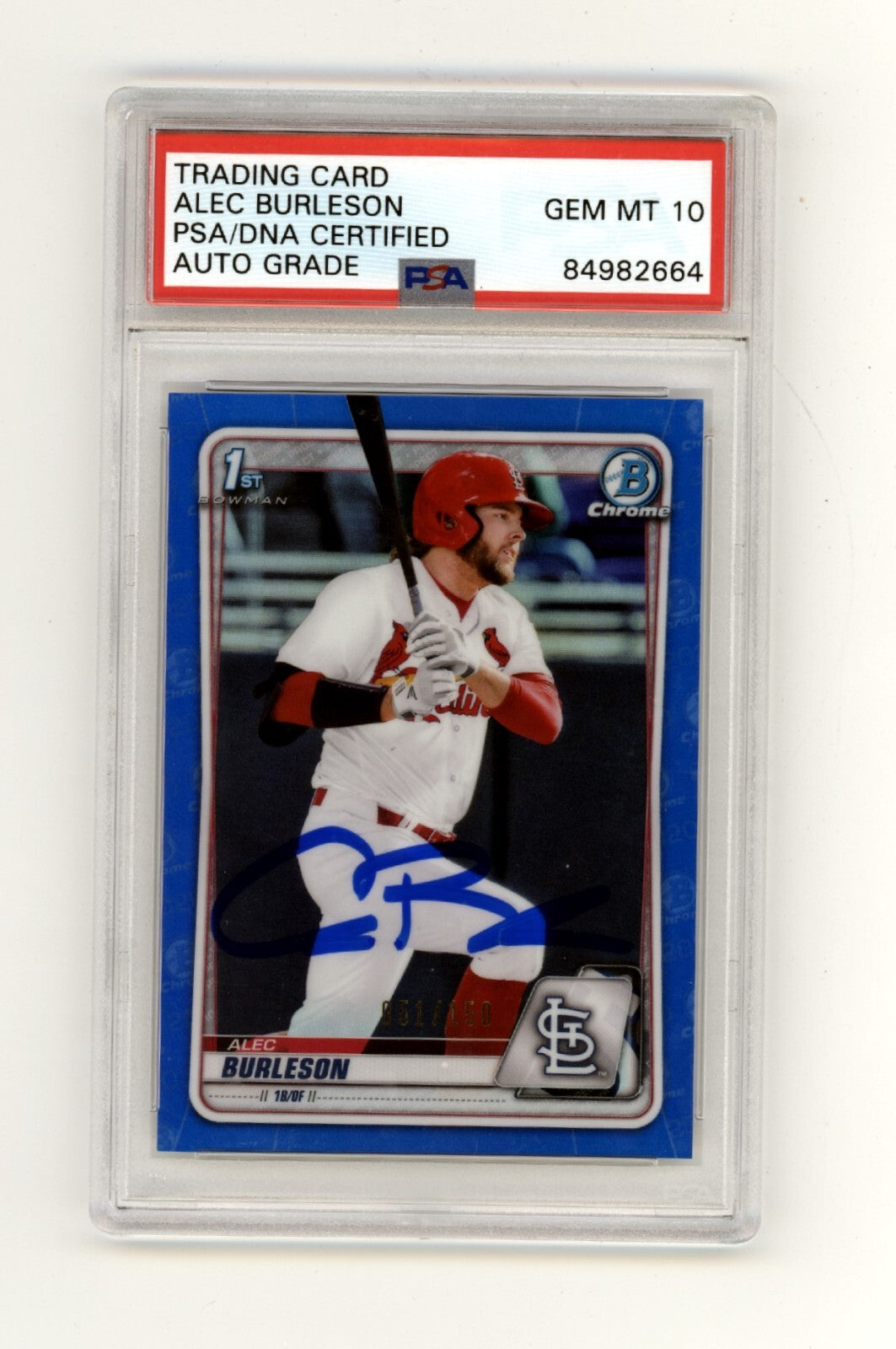 Alec Burleson 2020 Bowman Chrome Draft Blue Refractor #/150 1st RC PSA 10 Auto-Powers Sports Memorabilia