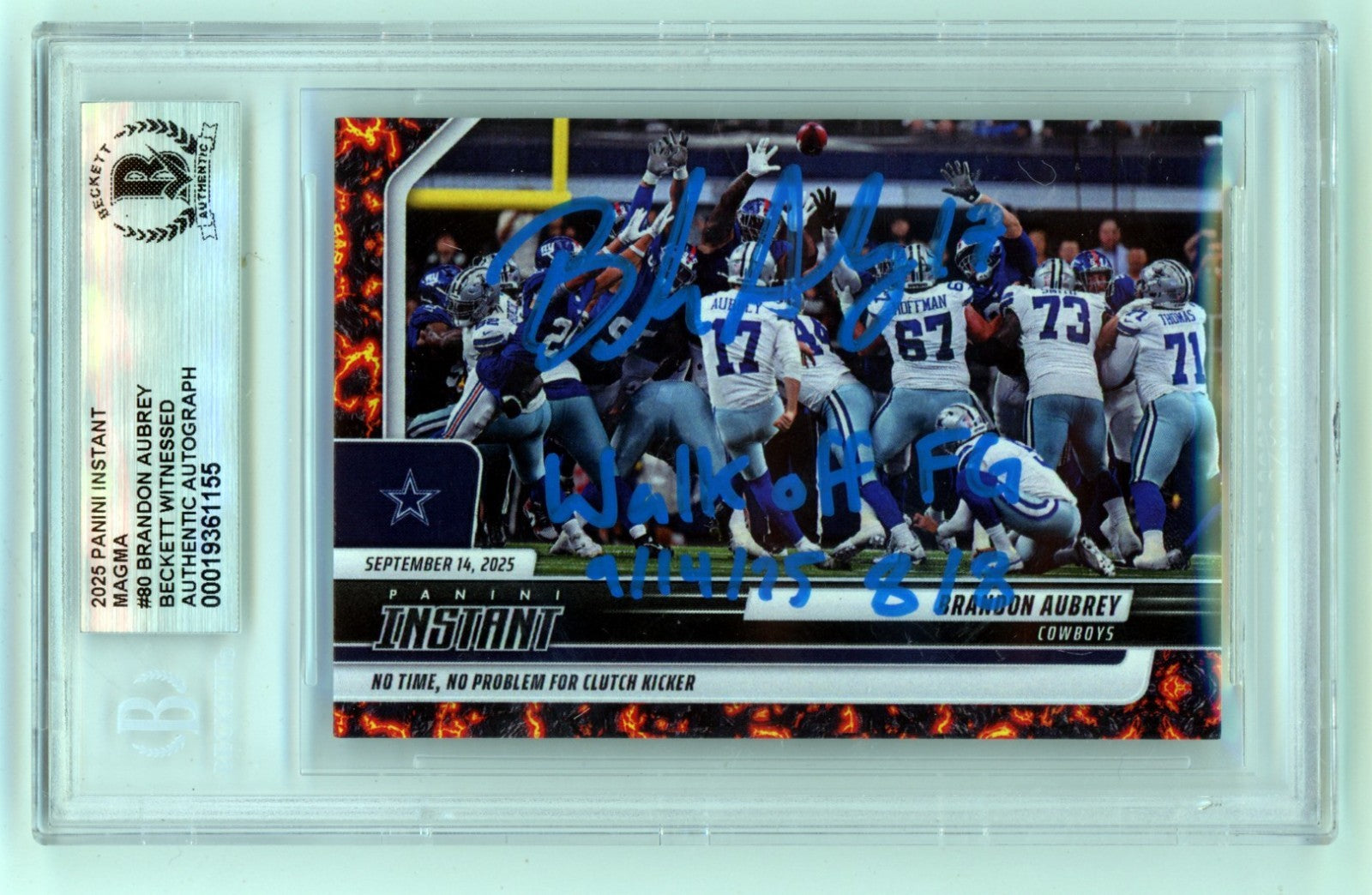 Brandon Aubrey 2025 Panini Instant Magma 1/1 Signed w/ Insc Beckett BGS BAS Auto-Powers Sports Memorabilia