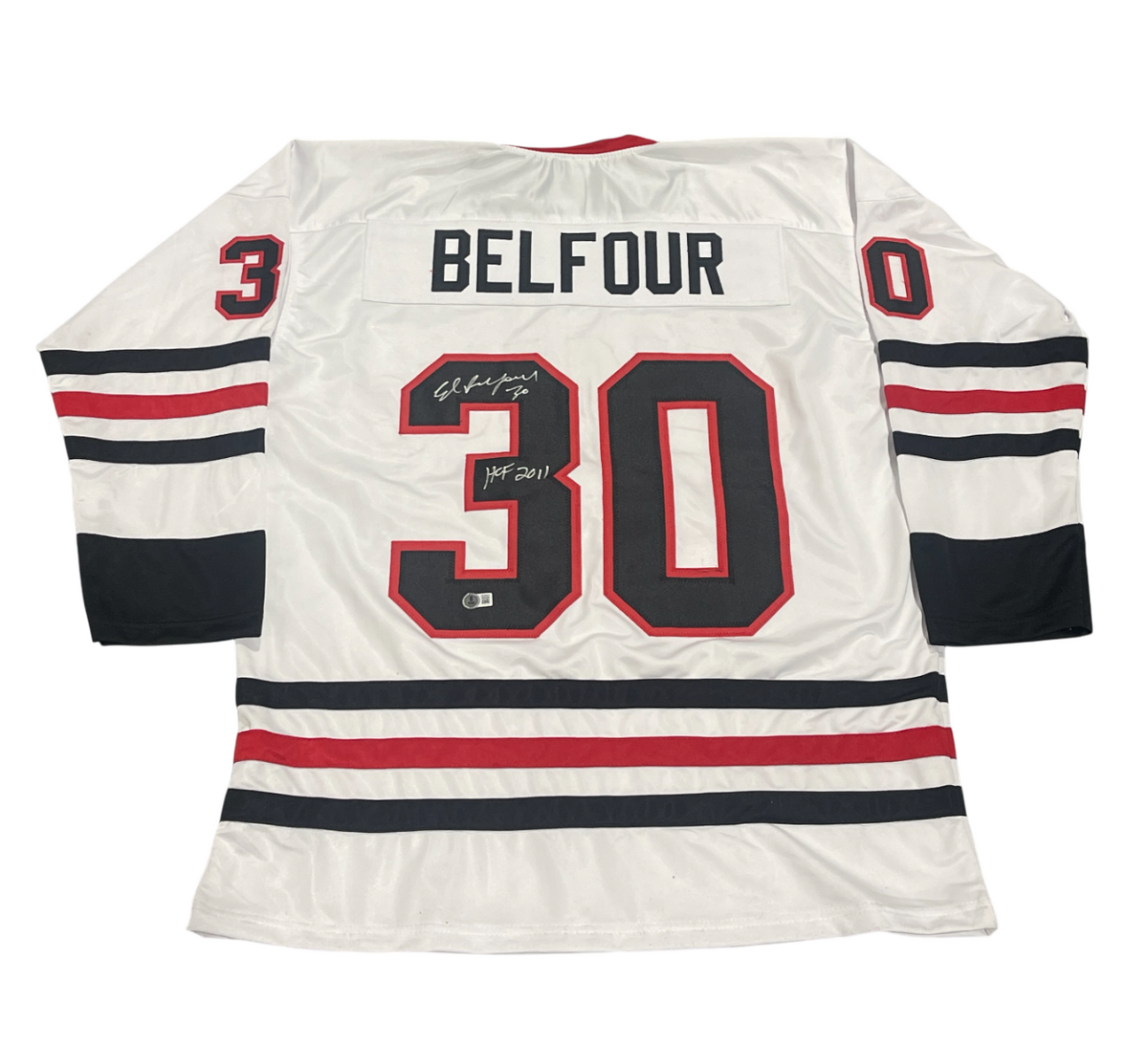 Ed Belfour Signed Custom Jersey w/ HOF 2011 Beckett W Beckett Authenticated-Powers Sports Memorabilia