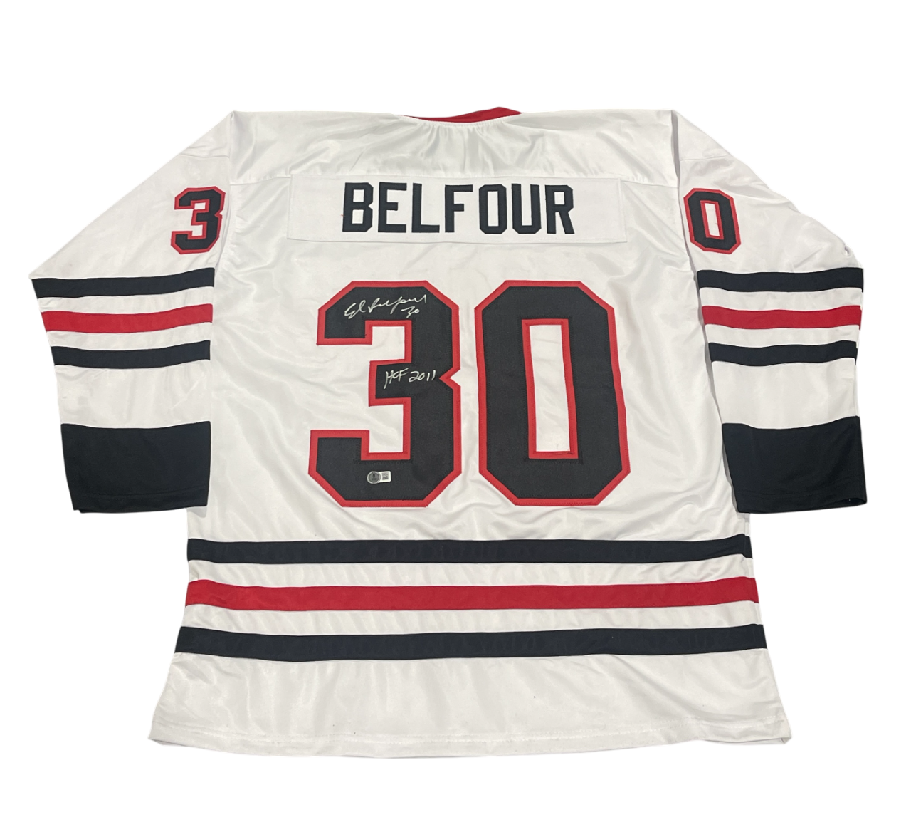 Ed Belfour Signed Custom Jersey w/ HOF 2011 Beckett W Beckett Authenticated-Powers Sports Memorabilia