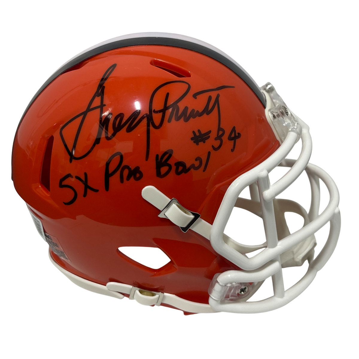 Greg Pruitt Signed Browns TB Mini Helmet w/ 5x Pro Bowl Beckett Witness Authenticated-Powers Sports Memorabilia
