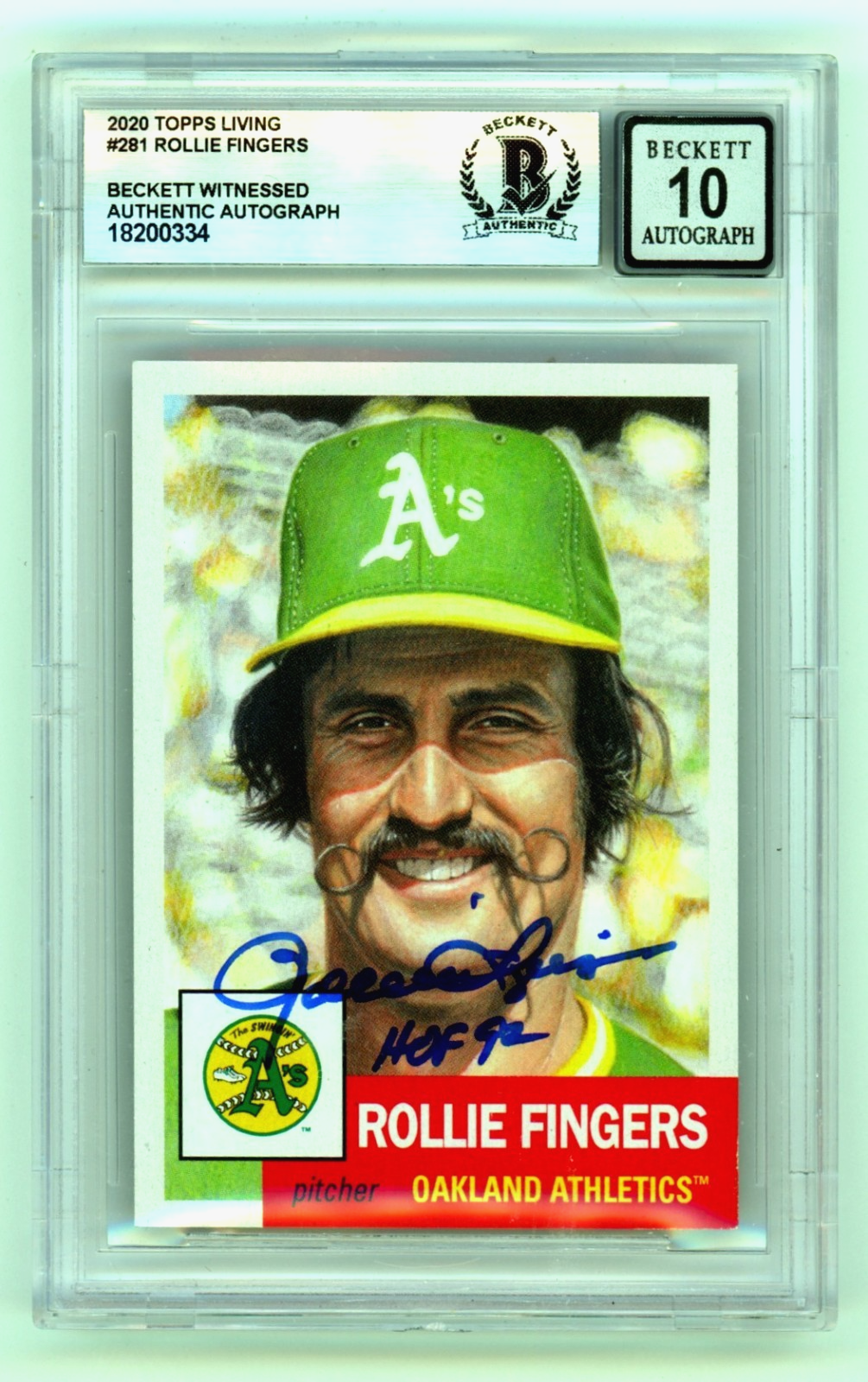 Rollie Fingers 2020 Topps Living #281 Signed w/ HOF 92 Insc Beckett BGS 10 Auto-Powers Sports Memorabilia