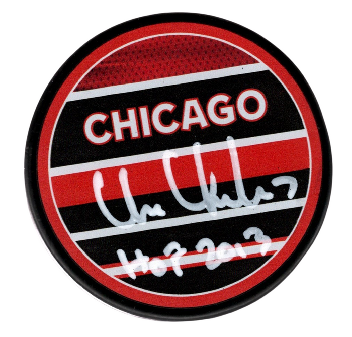 Chris Chelios Signed Blackhawks Reverse Retro Puck w/ HOF 2013 Beckett W Beckett Authenticated-Powers Sports Memorabilia