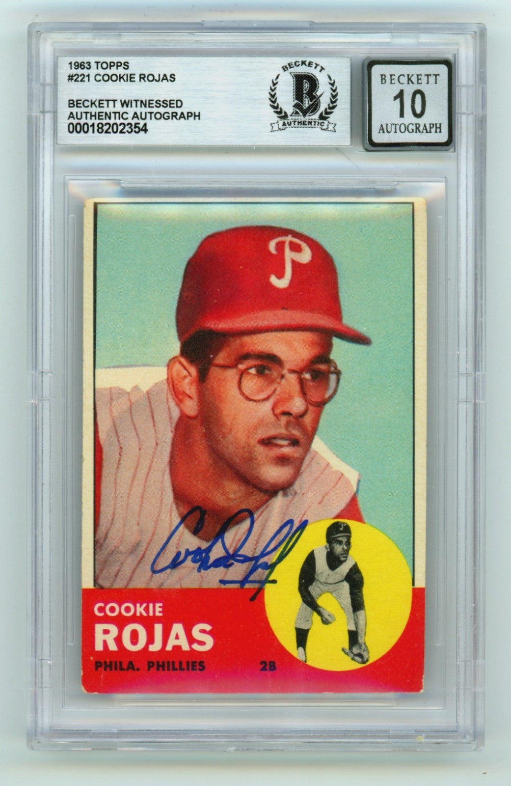 Cookie Rojas 1963 Topps #221 Signed Rookie RC Beckett BGS 10 Auto Phillies-Powers Sports Memorabilia