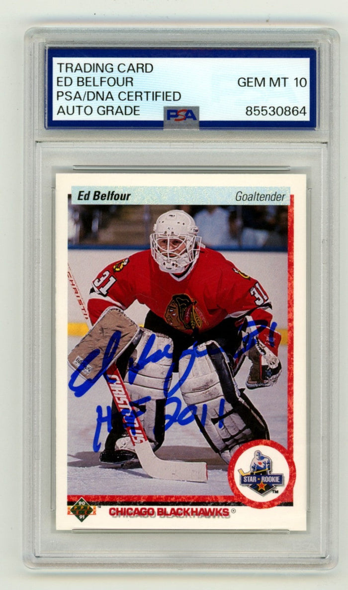 Ed Belfour 1990-91 Upper Deck #55 Signed Rookie RC w/ HOF 2011 Ins PSA 10 Auto-Powers Sports Memorabilia