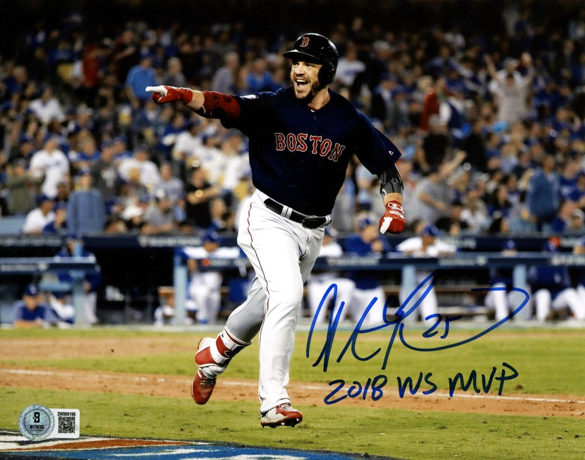 Steve Pearce Signed Boston Red Sox 8x10 w 2018 WS MVP Beckett Witness Authenticated #1-Powers Sports Memorabilia