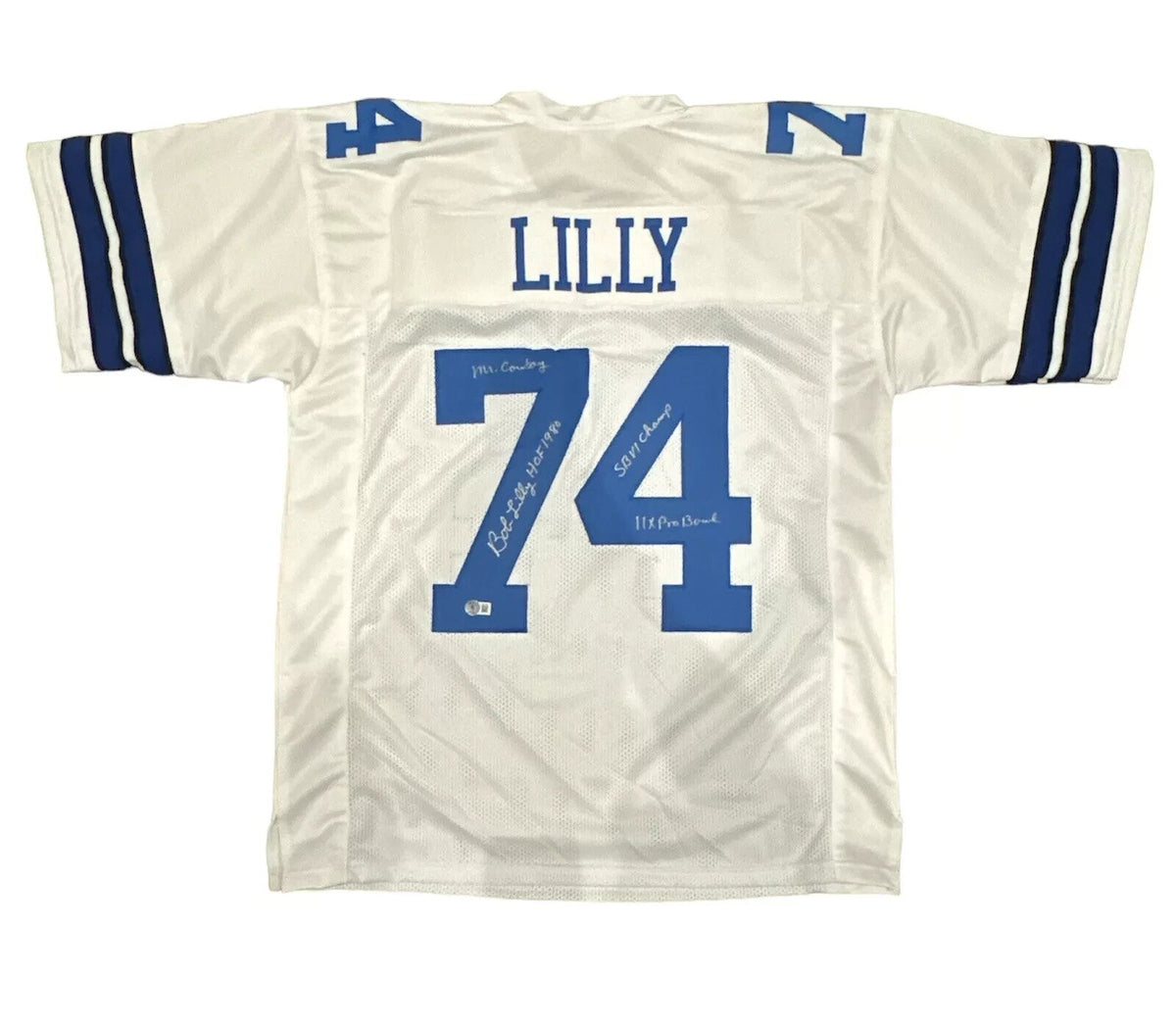 Bob Lilly Signed Dallas Cowboys White Custom Jersey w/ 4 Ins Beckett Wit BAS COA-Powers Sports Memorabilia