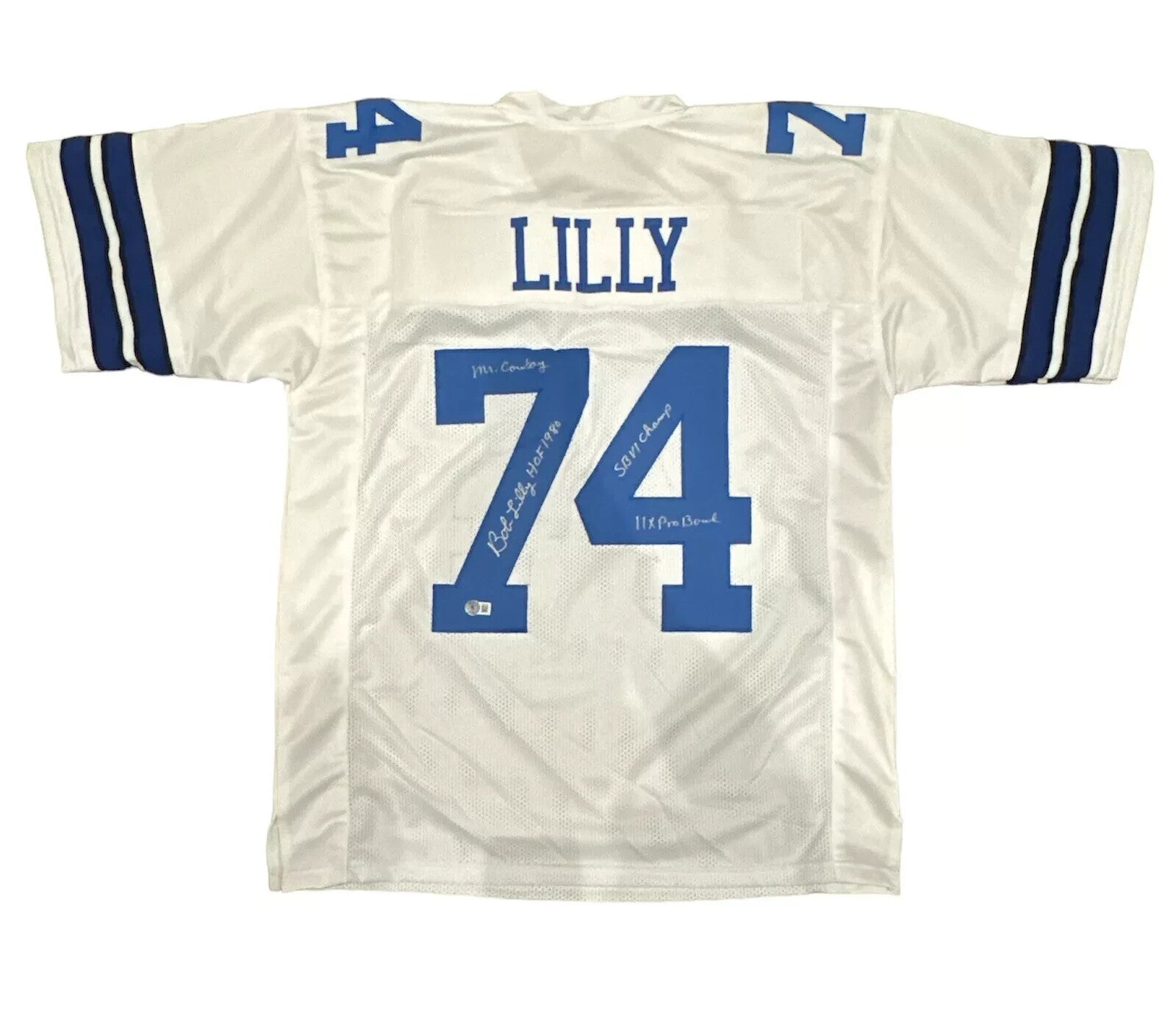 Bob Lilly Signed White Custom Jersey w/ 4 Ins Beckett Witness Authenticated-Powers Sports Memorabilia
