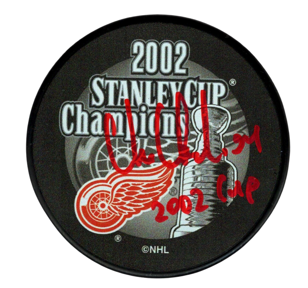 Chris Chelios Signed Auto 2002 Stanley Cup Puck w/ 2002 Cup Beckett BAS COA-Powers Sports Memorabilia