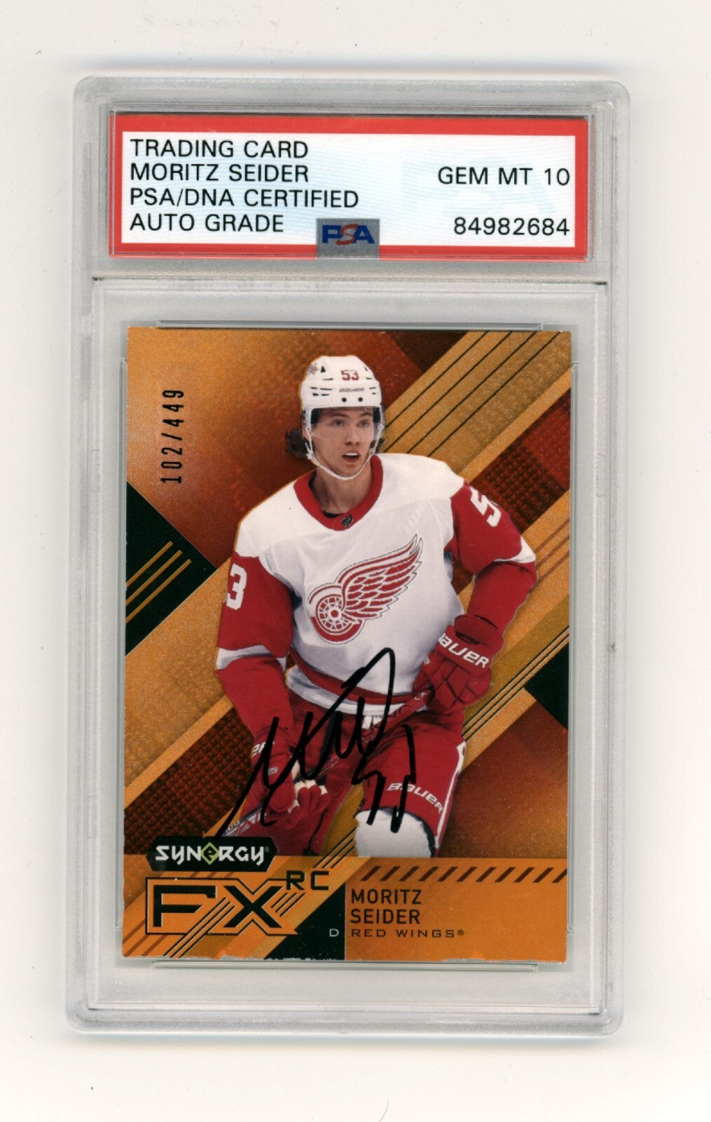 Moritz Seider 2021-22 Upper Deck Synergy FX Orange Rookie RC 102/449 PSA 10 Auto-Powers Sports Memorabilia