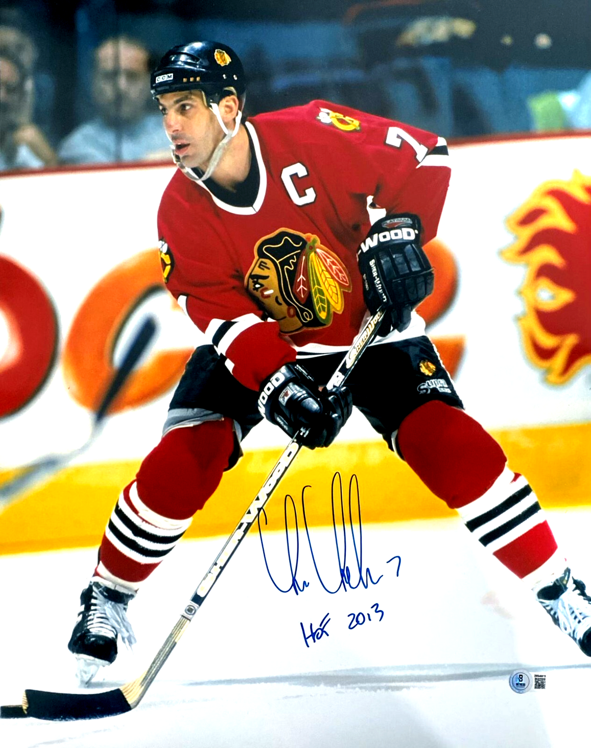 Chris Chelios Signed Blackhawks 16x20 Photo w/ HOF 2013 Beckett Witness BAS COA-Powers Sports Memorabilia