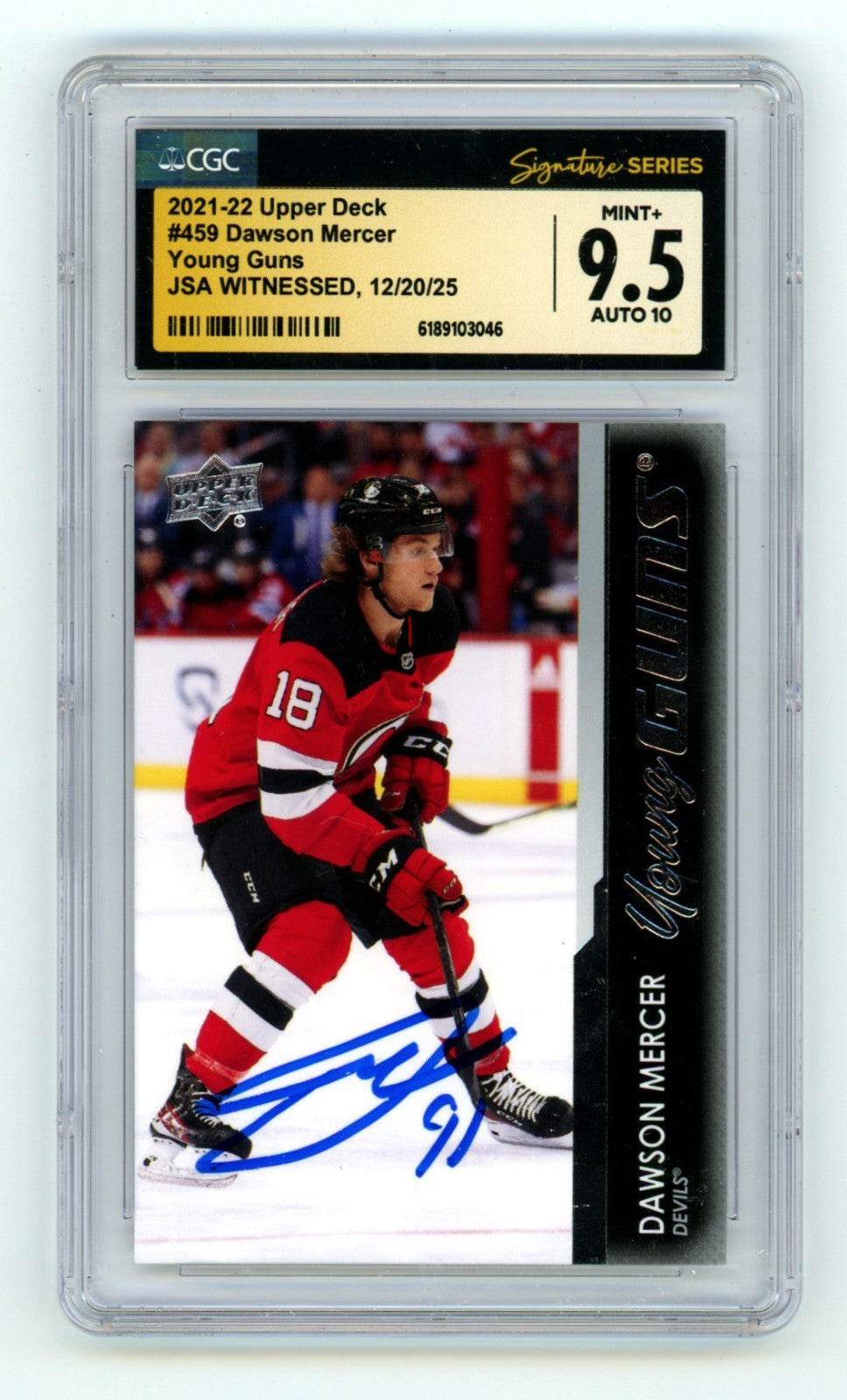 Dawson Mercer 2021-22 Upper Deck #459 Young Guns RC Signed JSA CGC 9.5 10 Auto-Powers Sports Memorabilia
