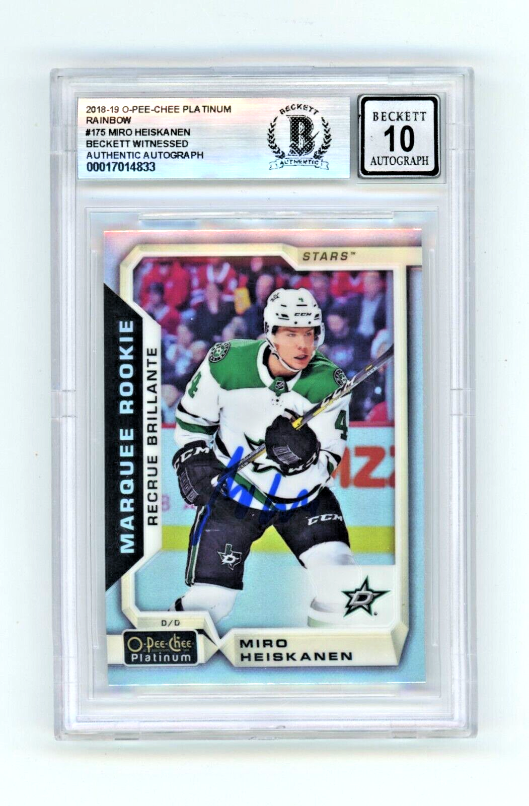 Miro Heiskanen 2018-19 OPC Platinum Rainbow #175 RC Signed Beckett BAS BGS 10-Powers Sports Memorabilia
