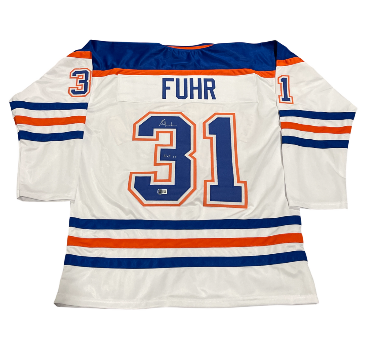 Grant Fuhr Signed Custom Jersey w/ HOF 03 Beckett W Beckett Authenticated - White Jersey-Powers Sports Memorabilia