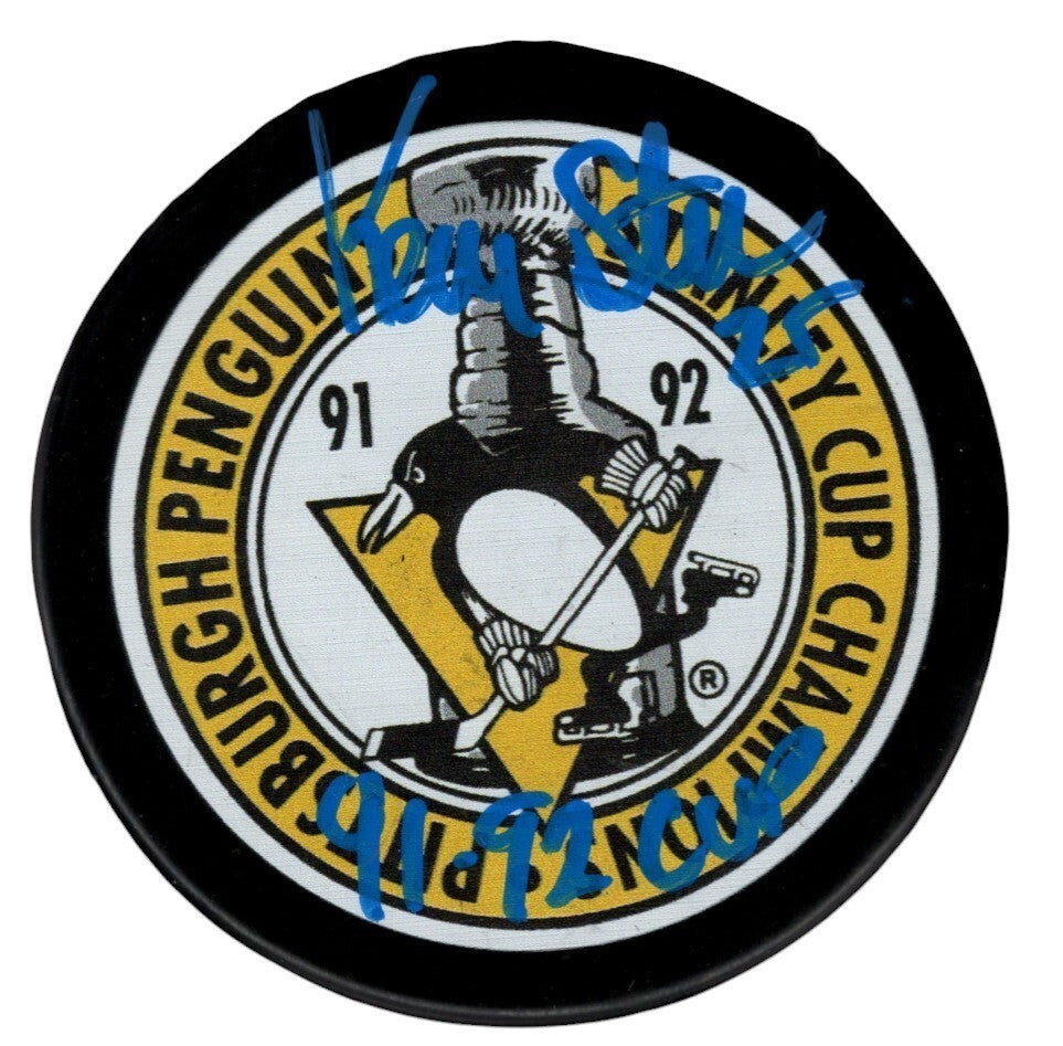 Kevin Stevens Signed Penguins 1992 Cup Puck w/ 91-92 Cup Beckett Witness Authenticated-Powers Sports Memorabilia