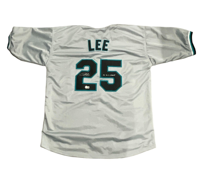 Derrek Lee Signed Florida Marlins Custom Jersey w 03 WS Champs Beckett W BAS COA-Powers Sports Memorabilia