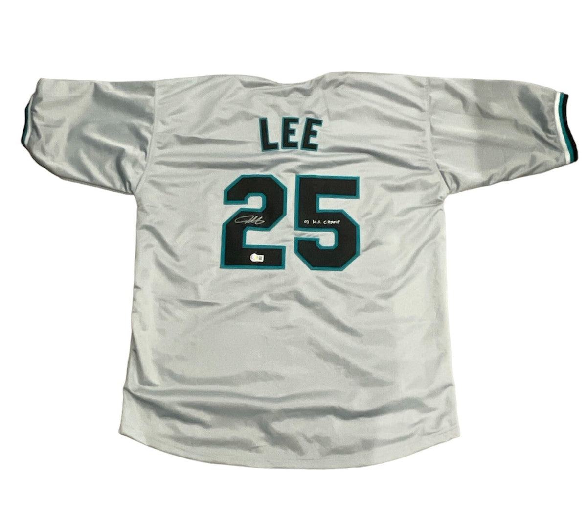 Derrek Lee Signed Florida Marlins Custom Jersey w 03 WS Champs Beckett W BAS COA-Powers Sports Memorabilia