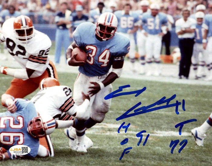 Earl Campbell Signed Houston Oilers 8x10 Photo w/ HOF + HT Insc. JSA Witness Authenticated #3-Powers Sports Memorabilia