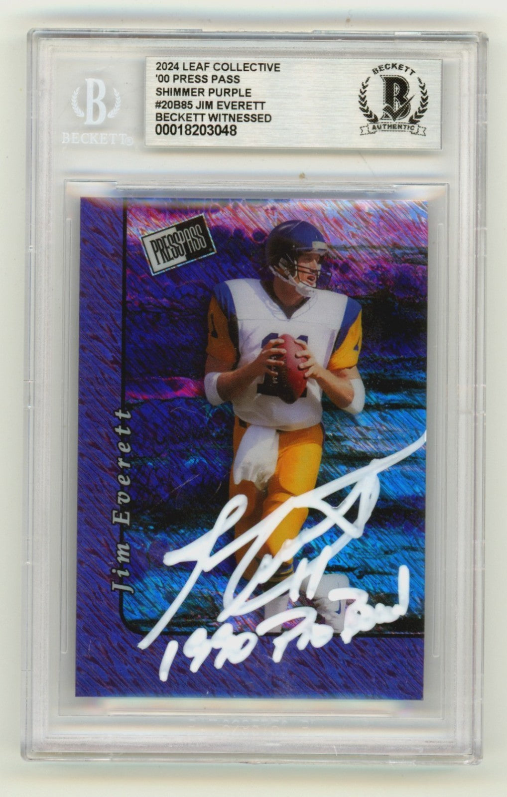 Jim Everett 2024 Leaf Press Pass Signed Shimmer Purple 1/1 w/ Insc. BGS BAS Auto-Powers Sports Memorabilia
