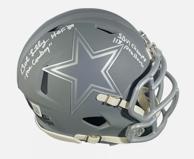 Bob Lilly Signed Cowboys Slate Mini Helmet w/ 4 Ins Beckett Witness Authenticated-Powers Sports Memorabilia