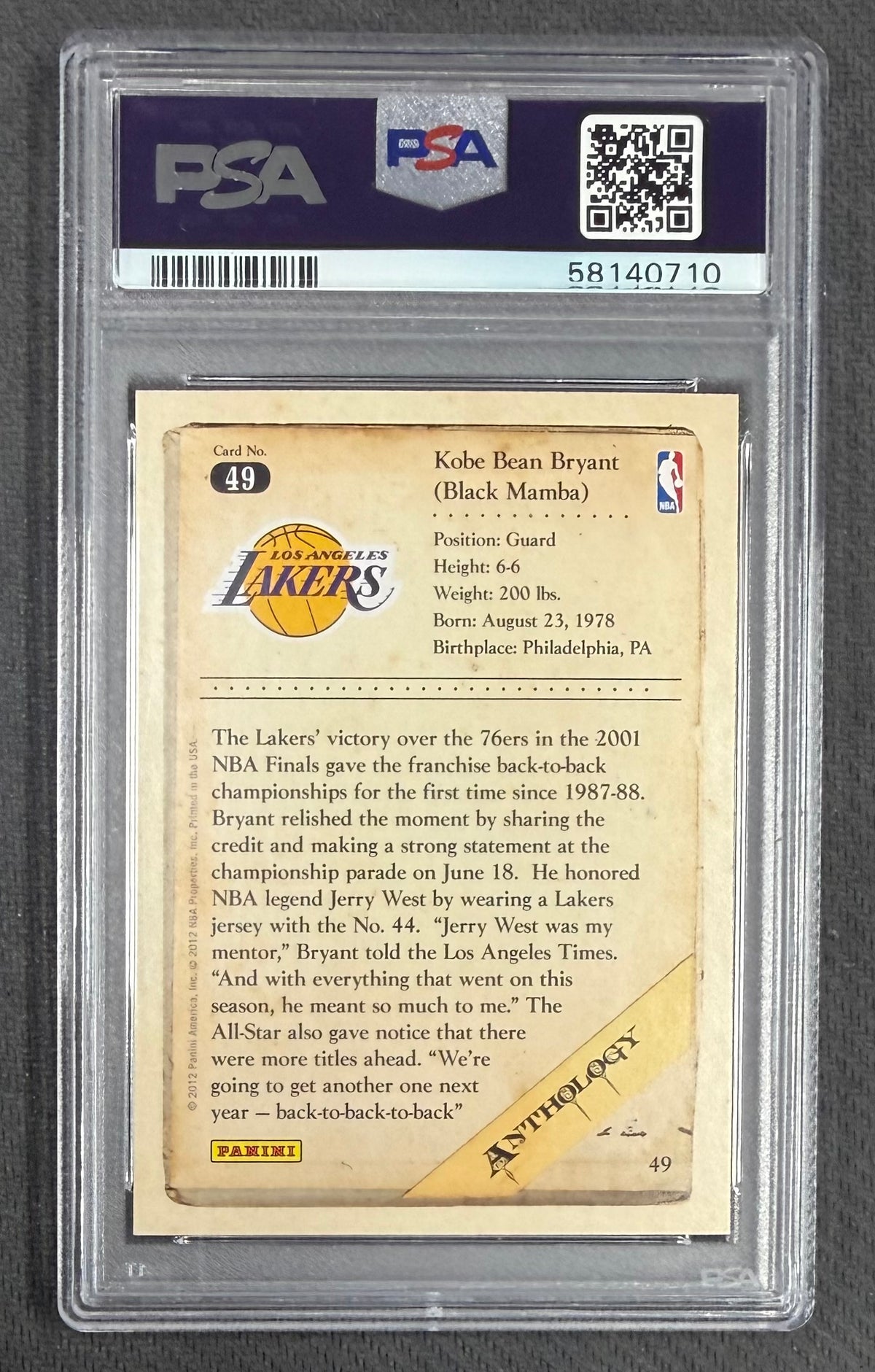 Kobe Bryant 2012 Panini Kobe Anthology Los Angeles Lakers Basketball Card #49 Graded PSA 9 Cert #58140710