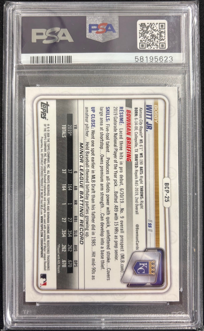 Bobby Witt Jr. 2020 Bowman Chrome Prospects Kansas City Royals Baseball 1st Bowman RC Rookie Card #BCP25 Graded PSA 10 Cert #58195623-Powers Sports Memorabilia