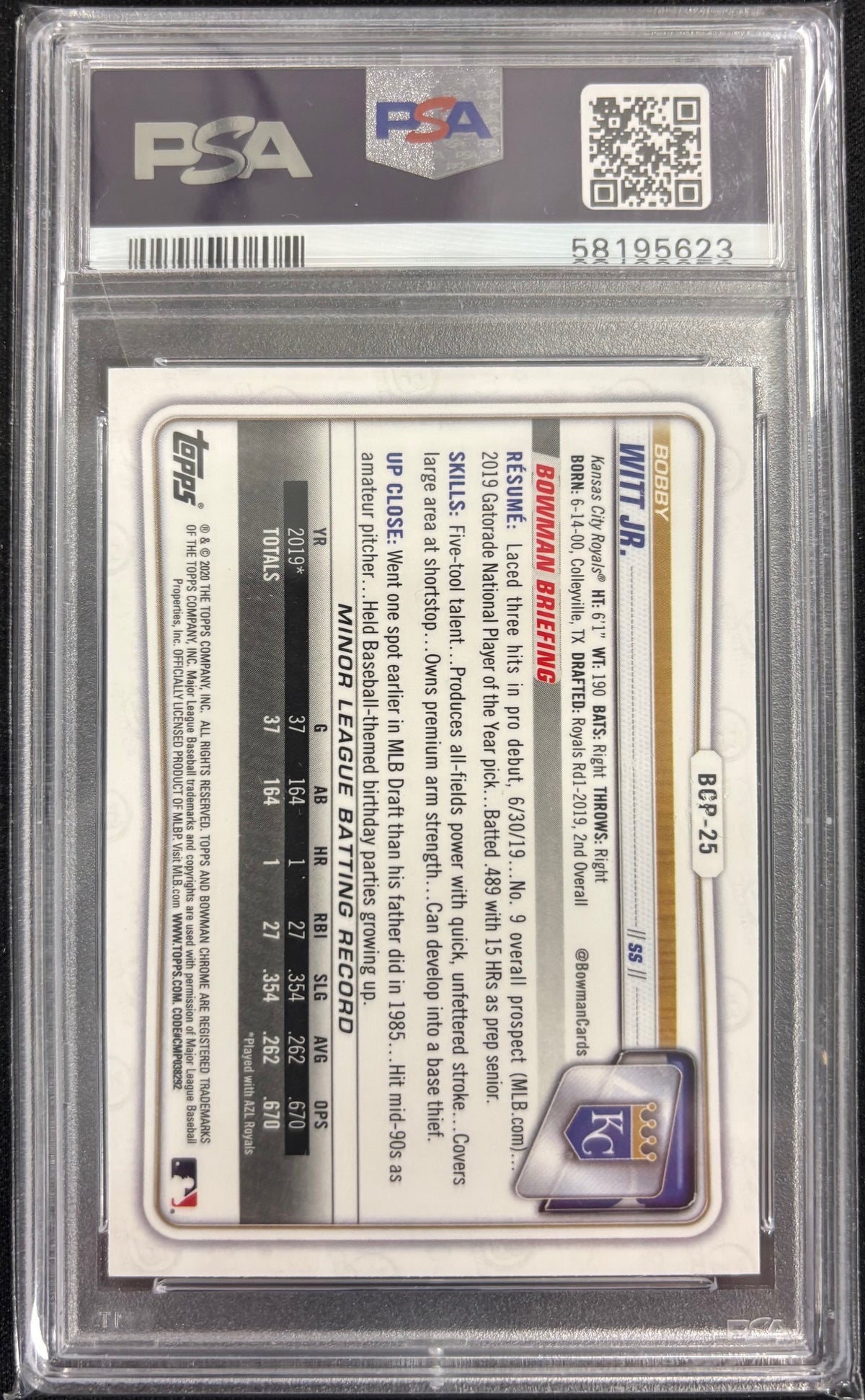 Bobby Witt Jr. 2020 Bowman Chrome Prospects Kansas City Royals Baseball 1st Bowman RC Rookie Card #BCP25 Graded PSA 10 Cert #58195623-Powers Sports Memorabilia