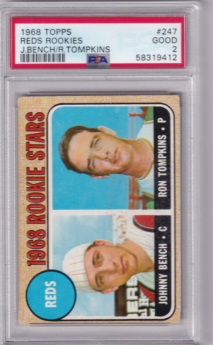 Johnny Bench 1968 Topps Baseball RC Rookie Card #247 PSA 2-Powers Sports Memorabilia