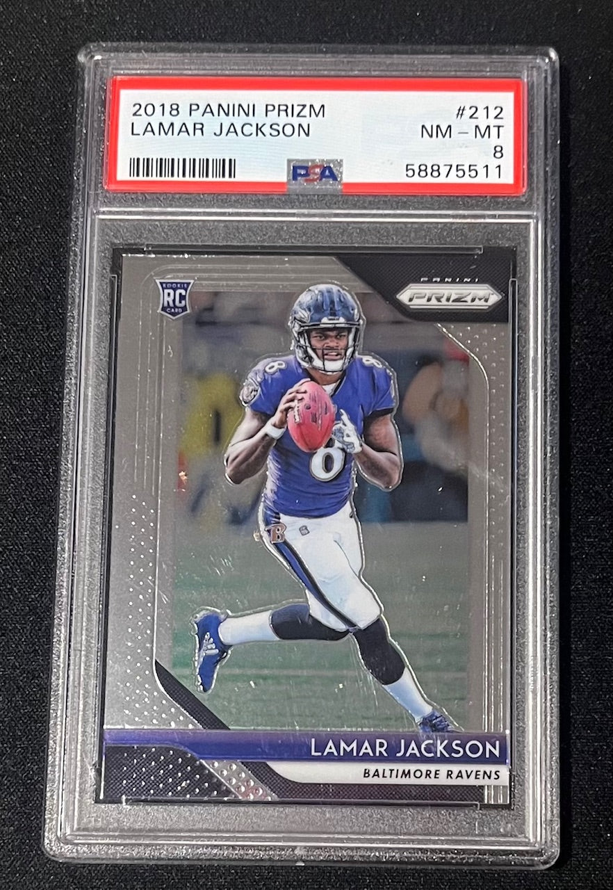 Lamar Jackson 2018 Panini Prizm Football Rookie Card #212 Graded PSA 8-Powers Sports Memorabilia