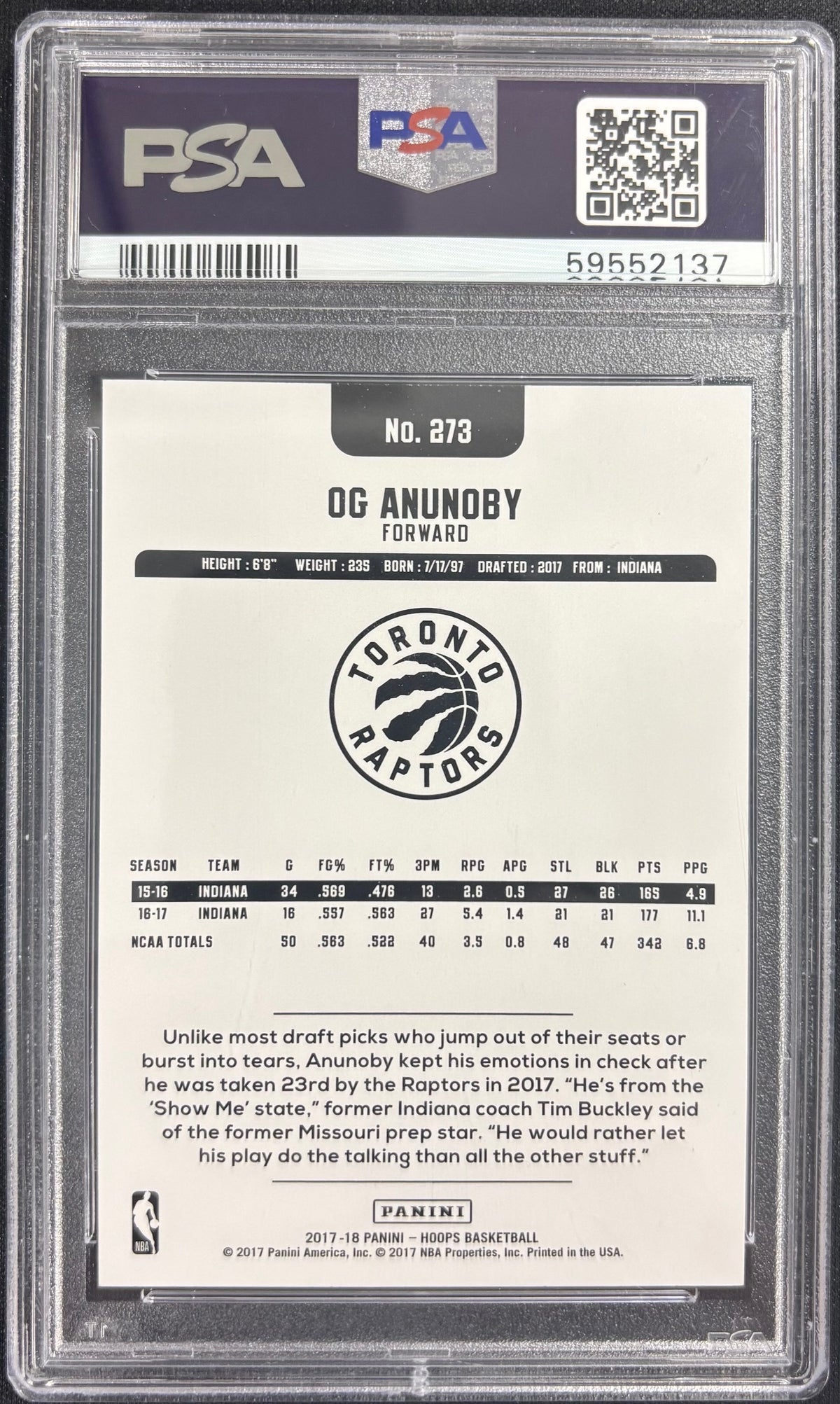 OG Anunoby 2017 Panini Hoops Toronto Raptors Basketball RC Rookie Card #273 Graded PSA 10 Cert #59552137-Powers Sports Memorabilia
