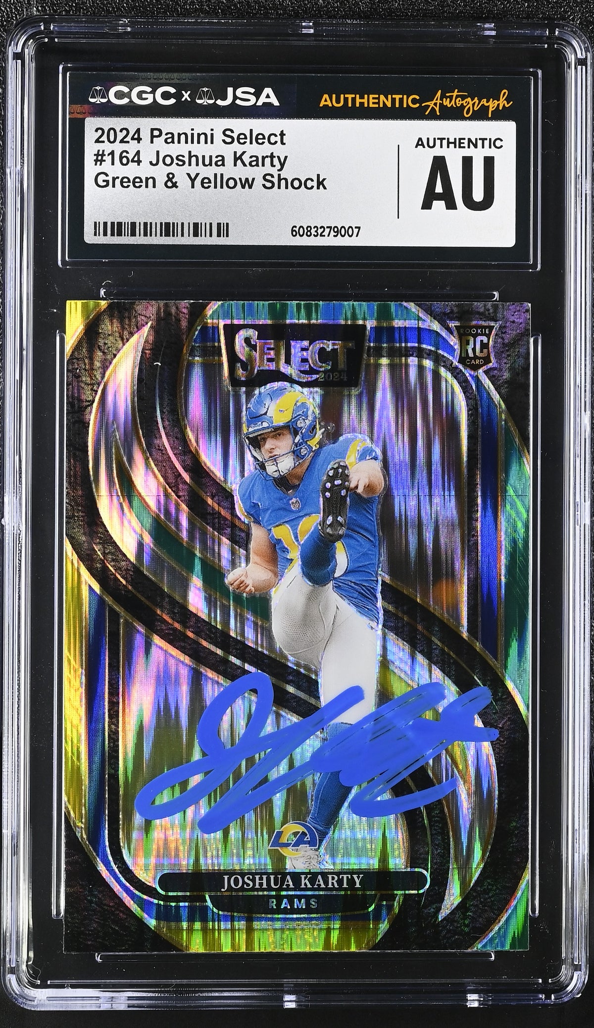 Joshua Karty 2024 Panini Select Green Yellow Shock Los Angeles Rams Signed Football Rookie Card #164 CGC Authentic Auto Cert #6083279007-Powers Sports Memorabilia
