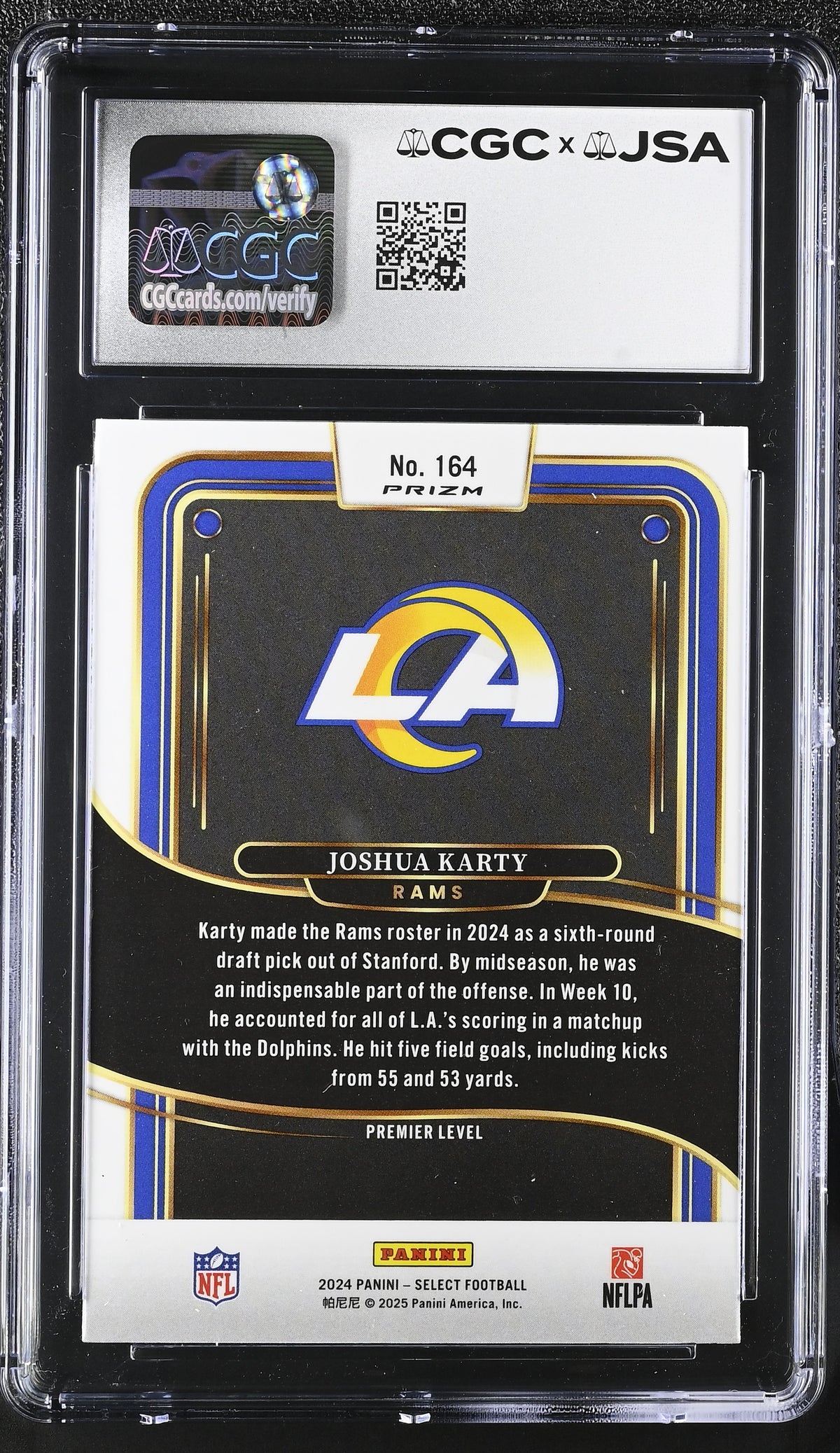 Joshua Karty 2024 Panini Select Green Yellow Shock Los Angeles Rams Signed Football Rookie Card #164 CGC Authentic Auto Cert #6083279007-Powers Sports Memorabilia