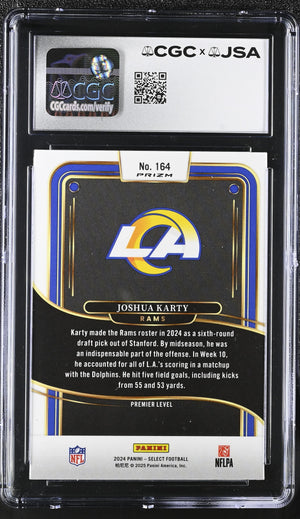 Joshua Karty 2024 Panini Select Green Yellow Shock Los Angeles Rams Signed Football Rookie Card #164 CGC Authentic Auto Cert #6083279007-Powers Sports Memorabilia