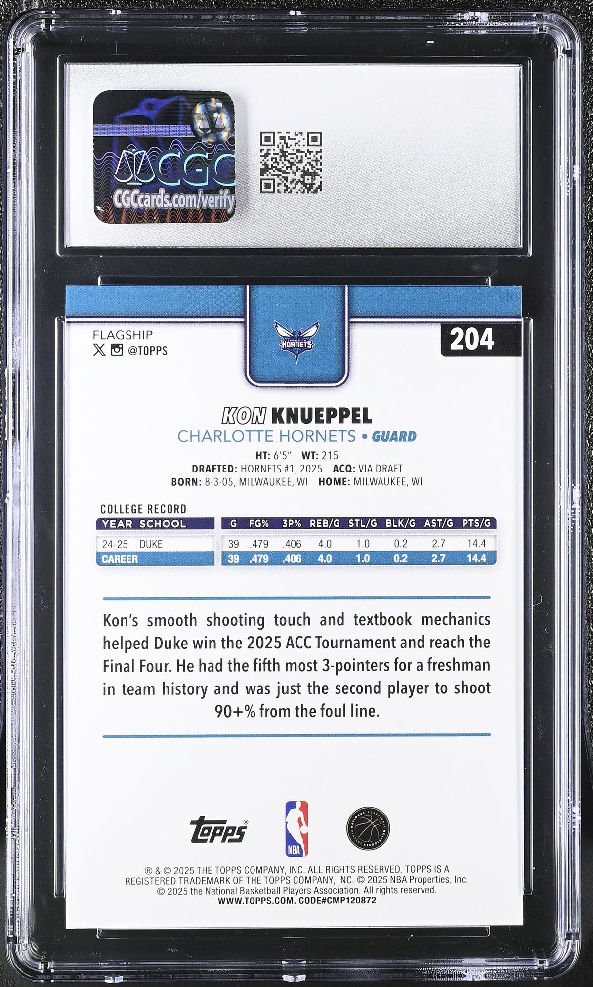 Kon Knueppel 2025-26 Topps Basketball Rookie Card #204 Graded CGC 10 Cert #6124758223-Powers Sports Memorabilia
