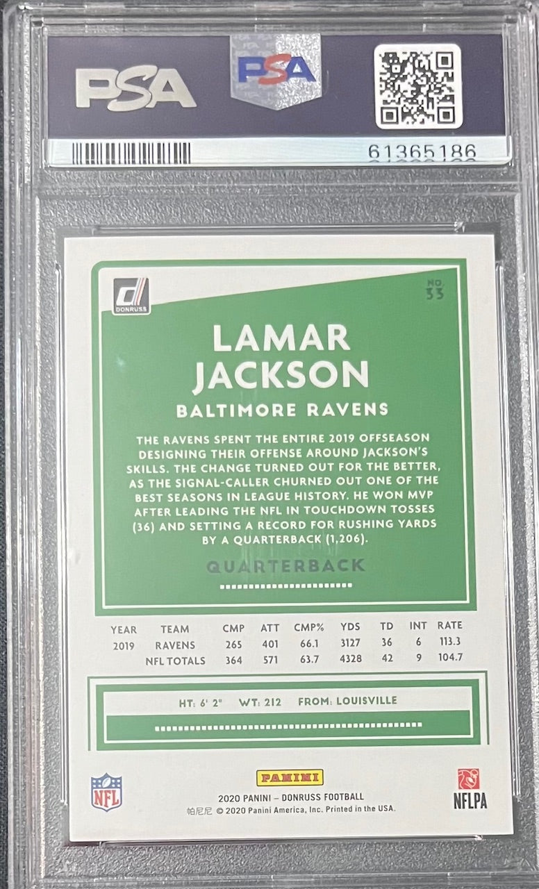 Lamar Jackson 2020 Panini Donruss Football Card #33 Graded PSA 10-Powers Sports Memorabilia