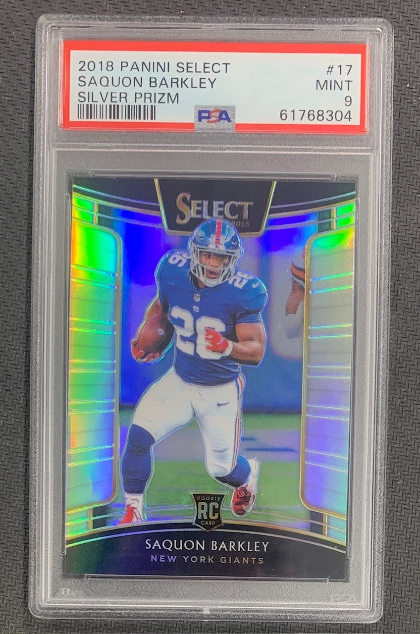 Saquon Barkley 2018 Panini Select Silver Prizm Football Rookie Card #17 Graded PSA 9-Powers Sports Memorabilia