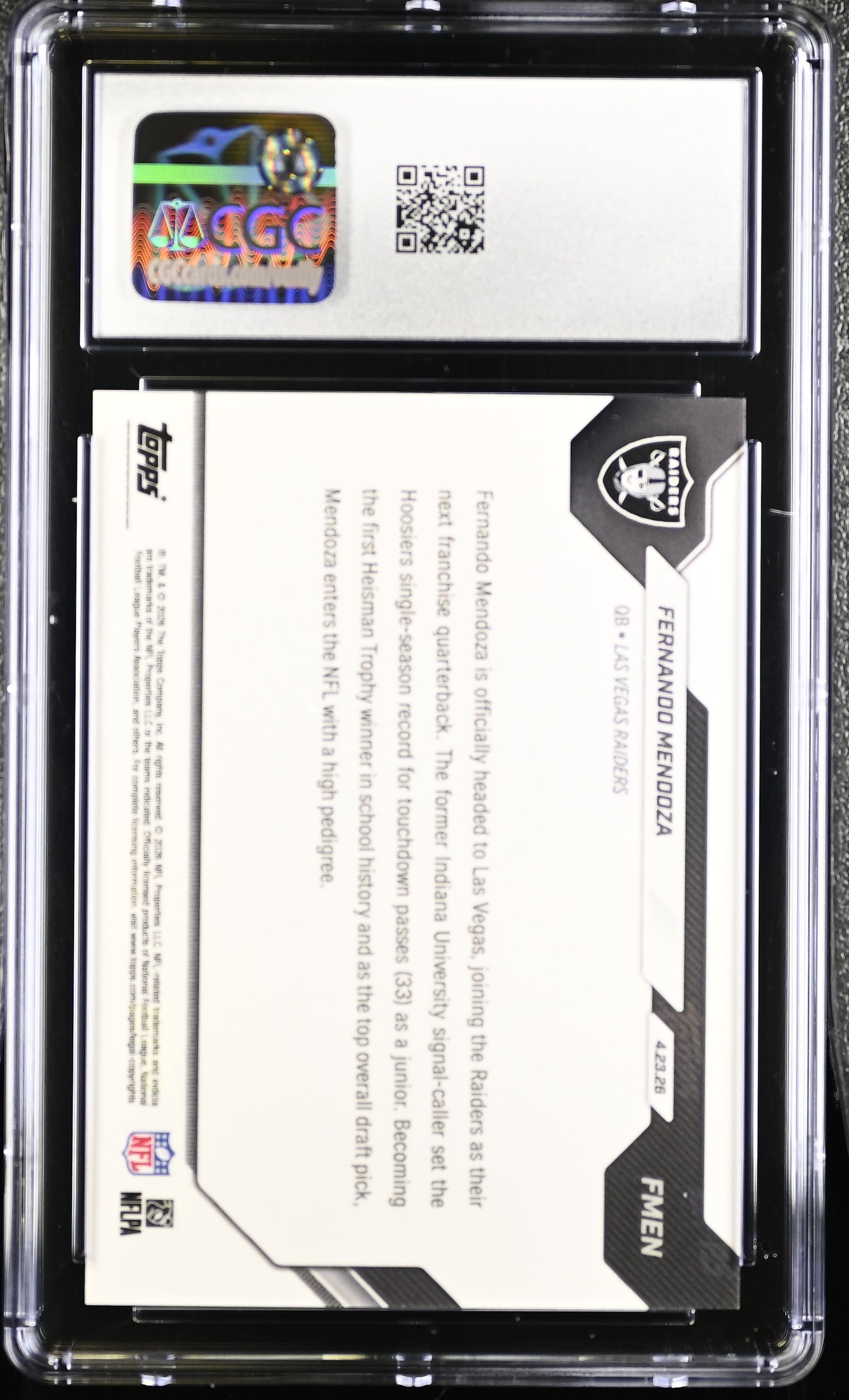 Fernando Mendoza 2026 Topps Now Rookie Card #FMEN CGC 10-Powers Sports Memorabilia