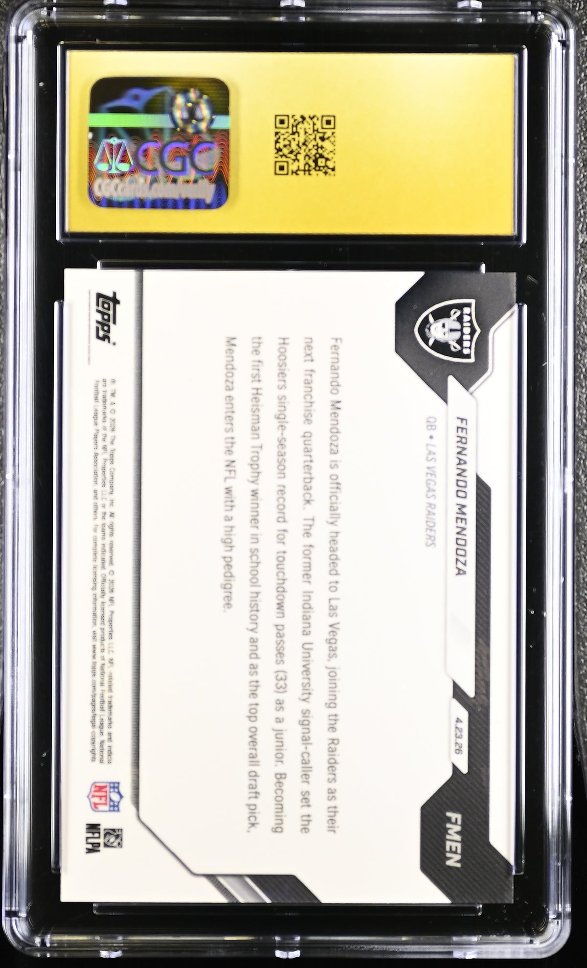 Fernando Mendoza 2026 Topps Now Rookie Card #FMEN CGC Pristine 10-Powers Sports Memorabilia