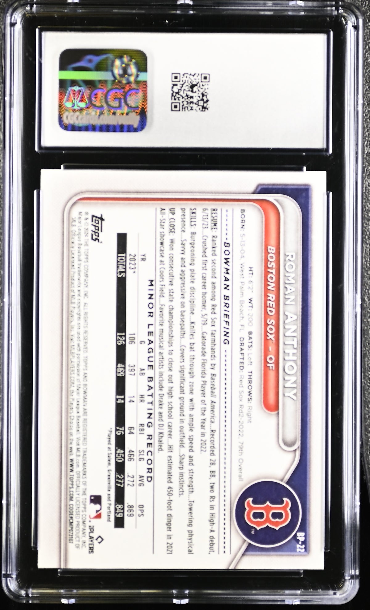 Roman Anthony 2024 Bowman Prospects Rookie Card #BP-22 CGC 10-Powers Sports Memorabilia