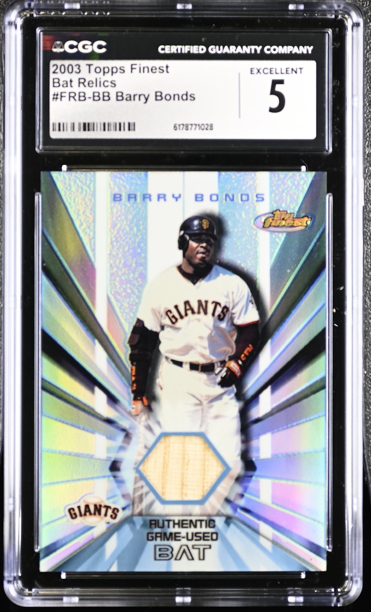 Barry Bonds 2003 Topps Finest Game-Used Bat Card #FRB-BB CGC 5-Powers Sports Memorabilia