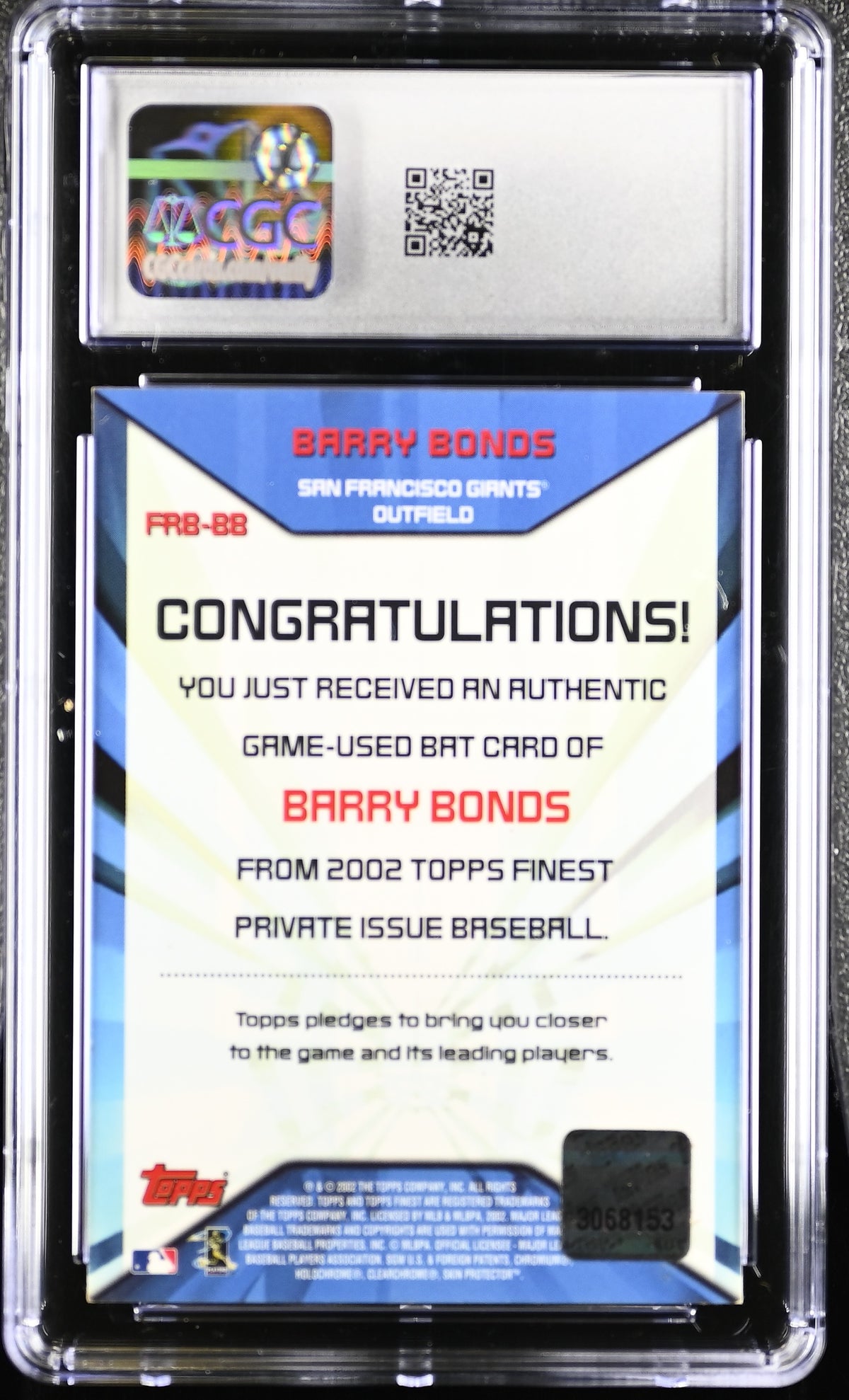 Barry Bonds 2003 Topps Finest Game-Used Bat Card #FRB-BB CGC 5-Powers Sports Memorabilia