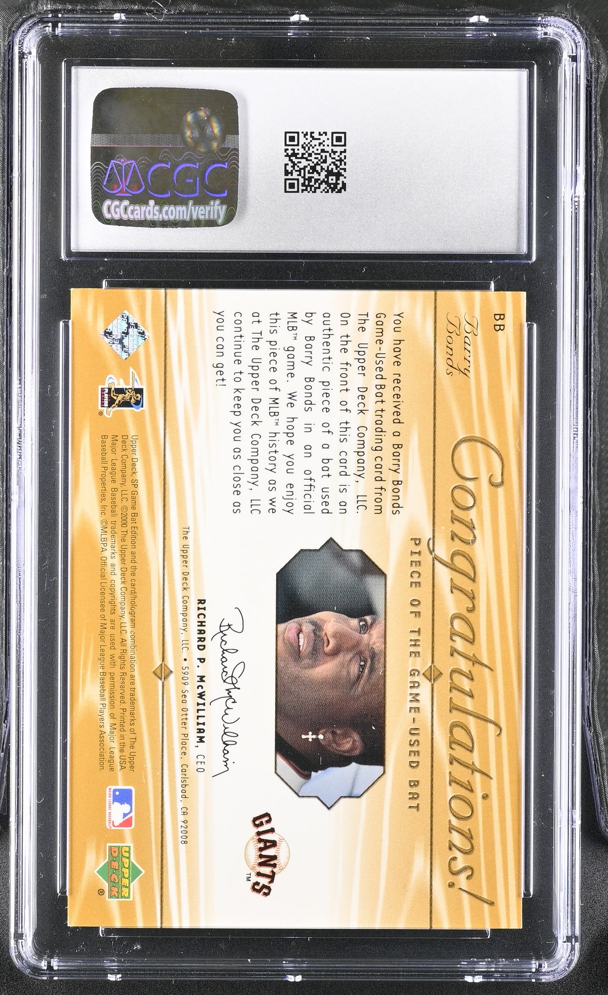 Barry Bonds 2001 Upper Deck Game-Used Bat Card #BB CGC 8-Powers Sports Memorabilia