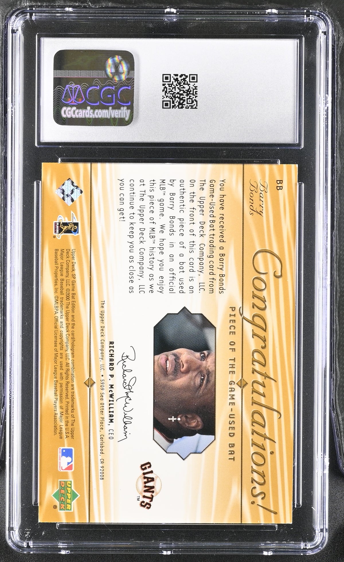 Barry Bonds 2001 Upper Deck Game-Used Bat Card #BB CGC 7.5-Powers Sports Memorabilia