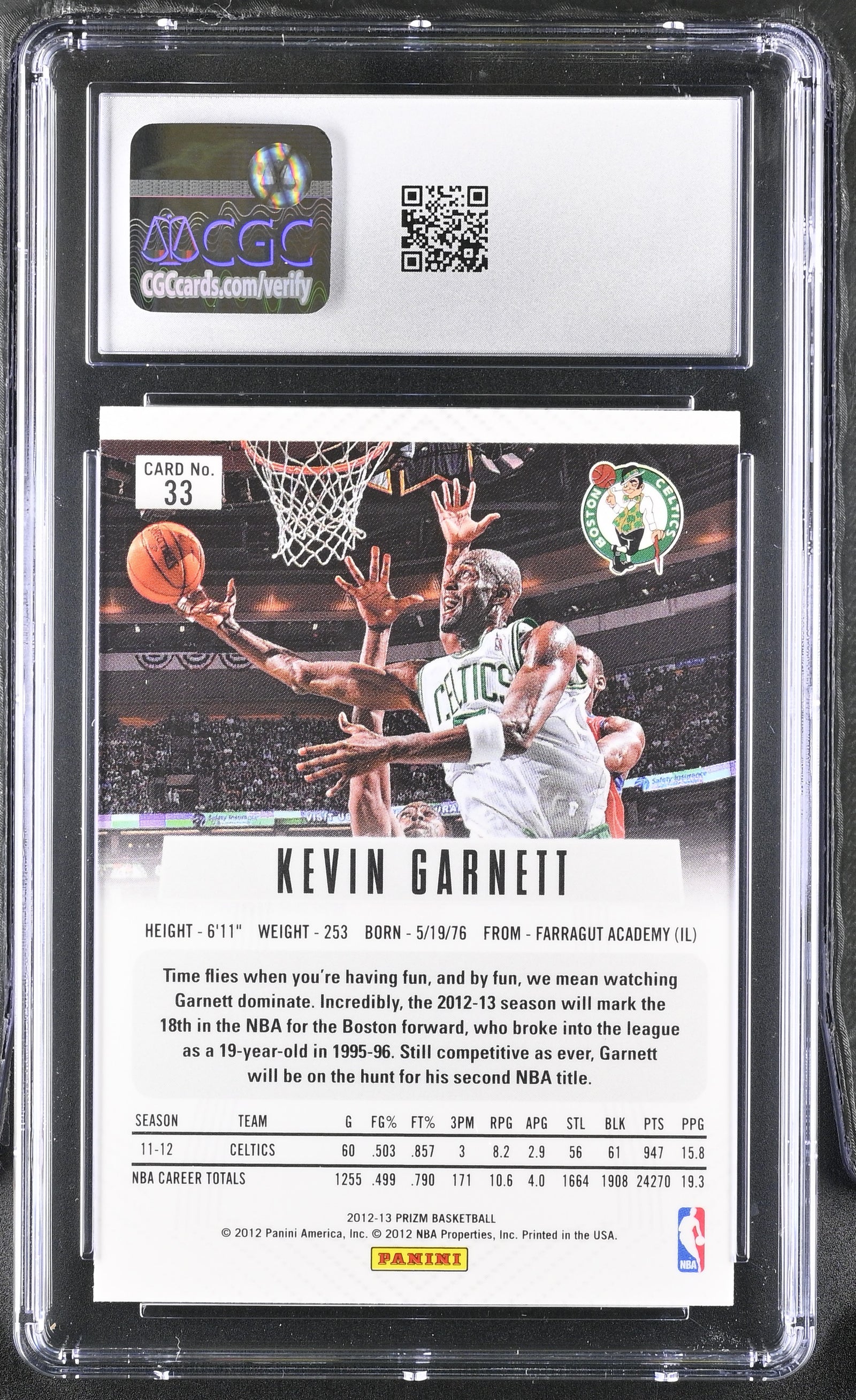Kevin Garnett 2012 Panini Prizm Silver Card #33 CGC 9
