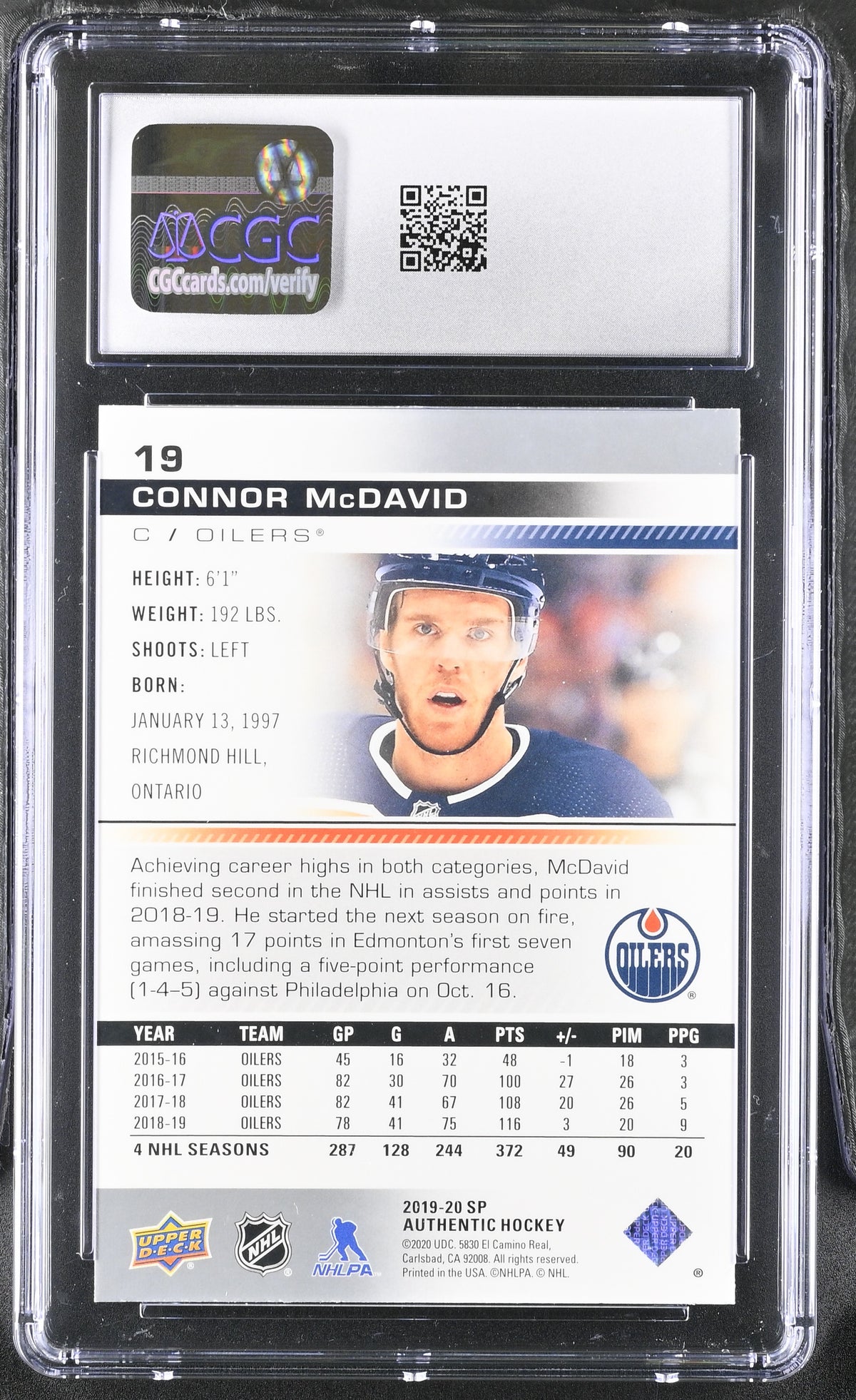 Connor McDavid 2019 Upper Deck SP Authentic Card #19 CGC 8.5-Powers Sports Memorabilia