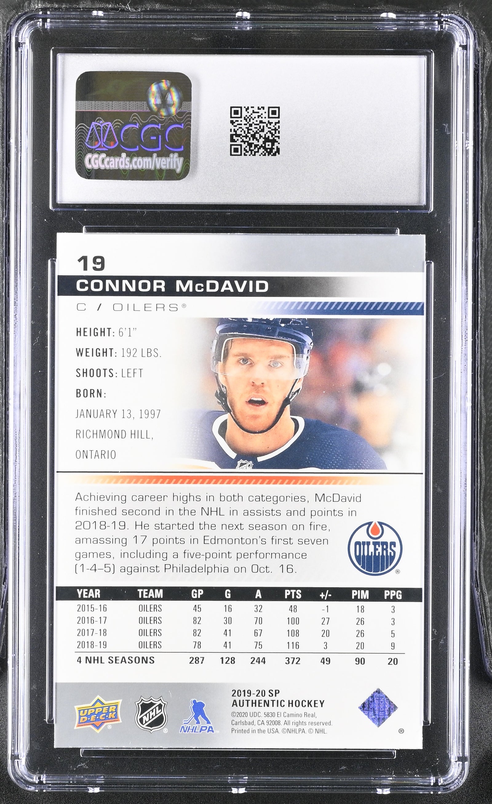 Connor McDavid 2019 Upper Deck SP Authentic Card #19 CGC 8.5-Powers Sports Memorabilia
