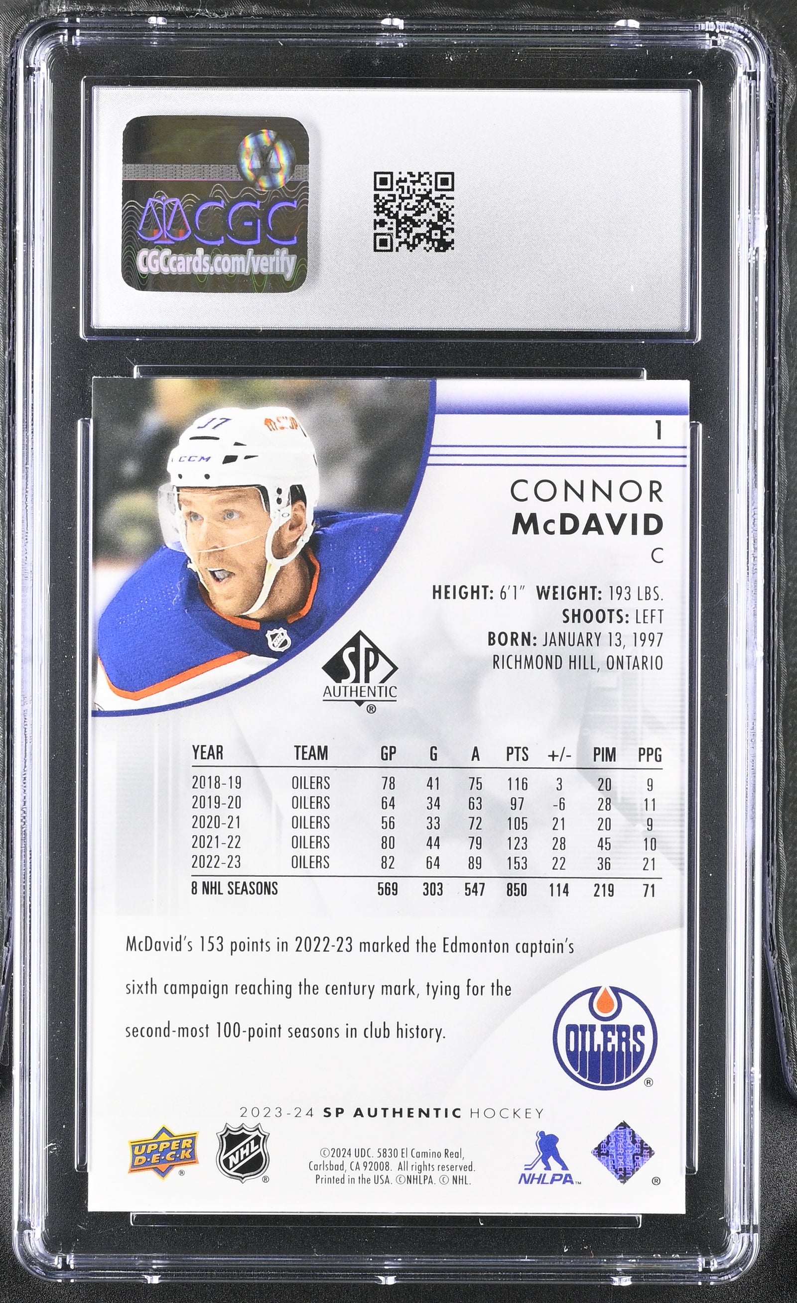 Connor McDavid 2023 Upper Deck SP Authentic Card #1 CGC 10-Powers Sports Memorabilia
