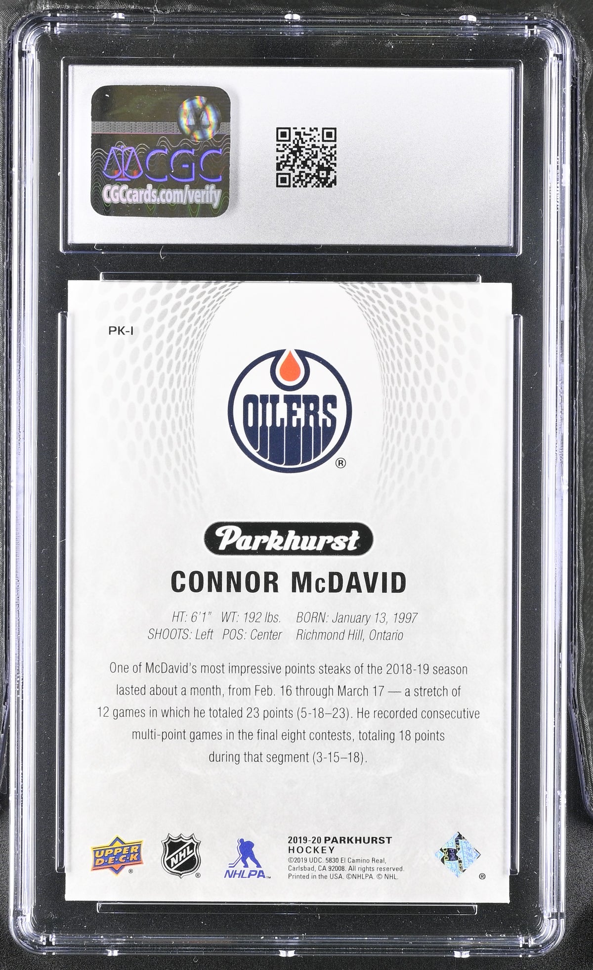 Connor McDavid 2019 Upper Deck Parkhurst Parkies Card #PK-1 CGC 10-Powers Sports Memorabilia