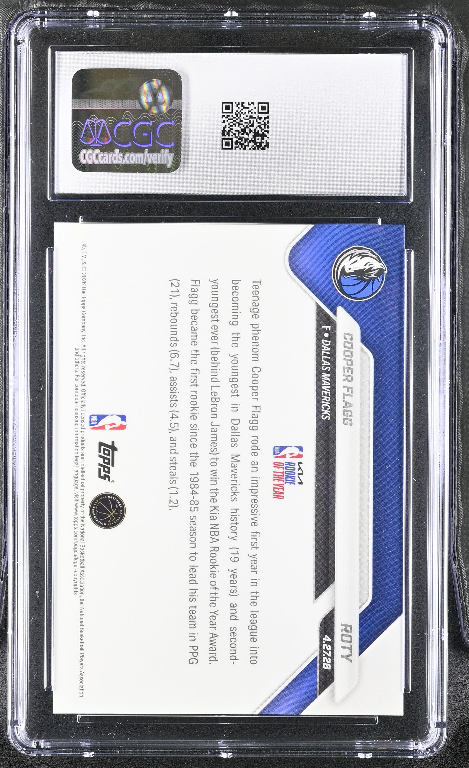 Cooper Flagg 2025 Topps Now Rookie of the Year Card #ROTY CGC 9-Powers Sports Memorabilia