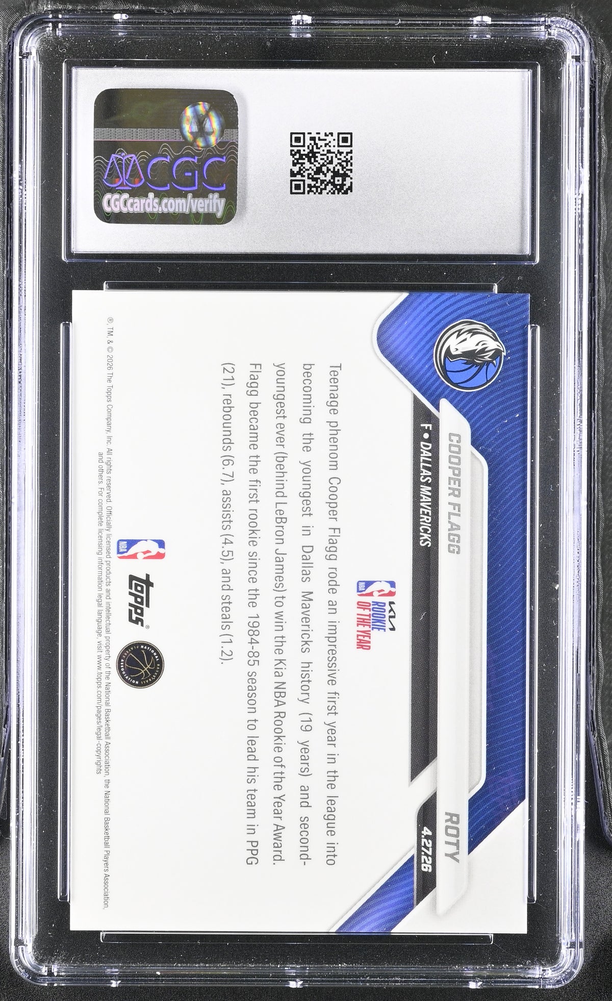 Cooper Flagg 2025 Topps Now Rookie of the Year Card #ROTY CGC 10-Powers Sports Memorabilia